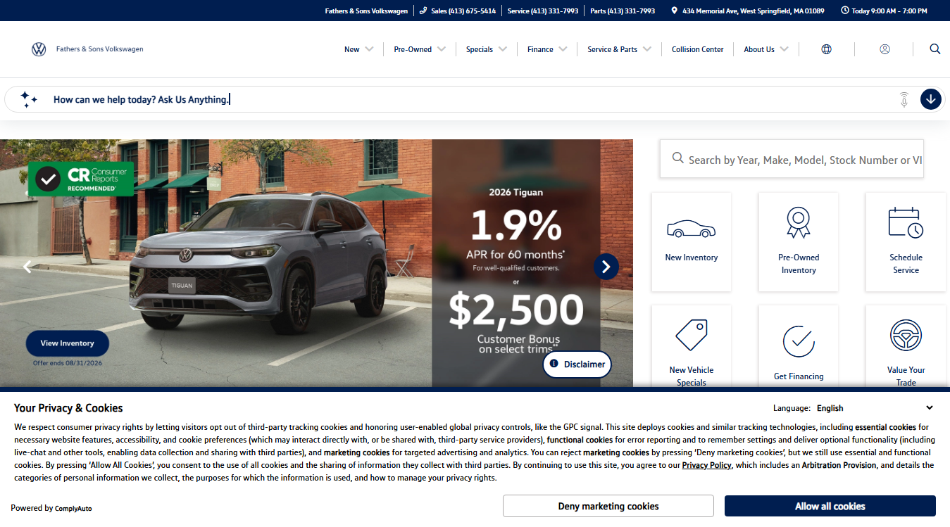 Website screenshot for Fathers & Sons Volkswagen