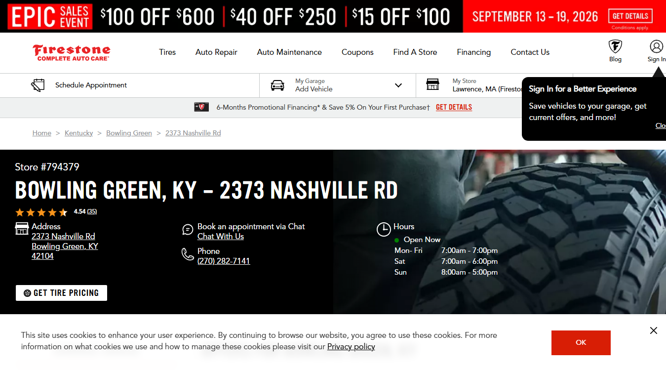 Website screenshot for Firestone Complete Auto Care