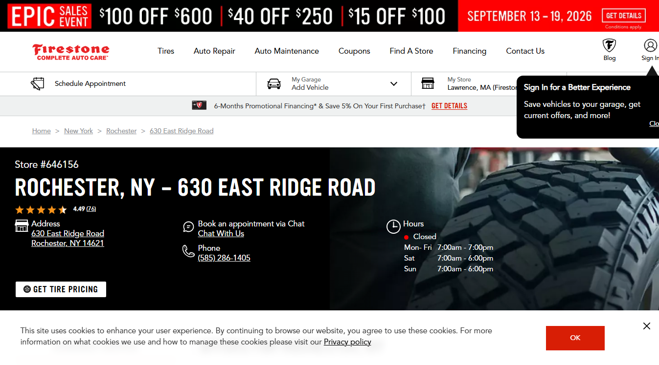Website screenshot for Firestone Complete Auto Care