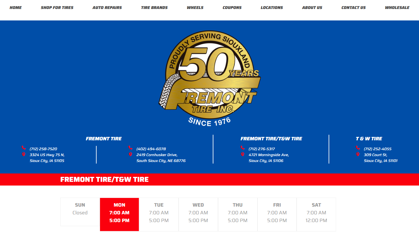 Website screenshot for Fremont TireT&W Tire
