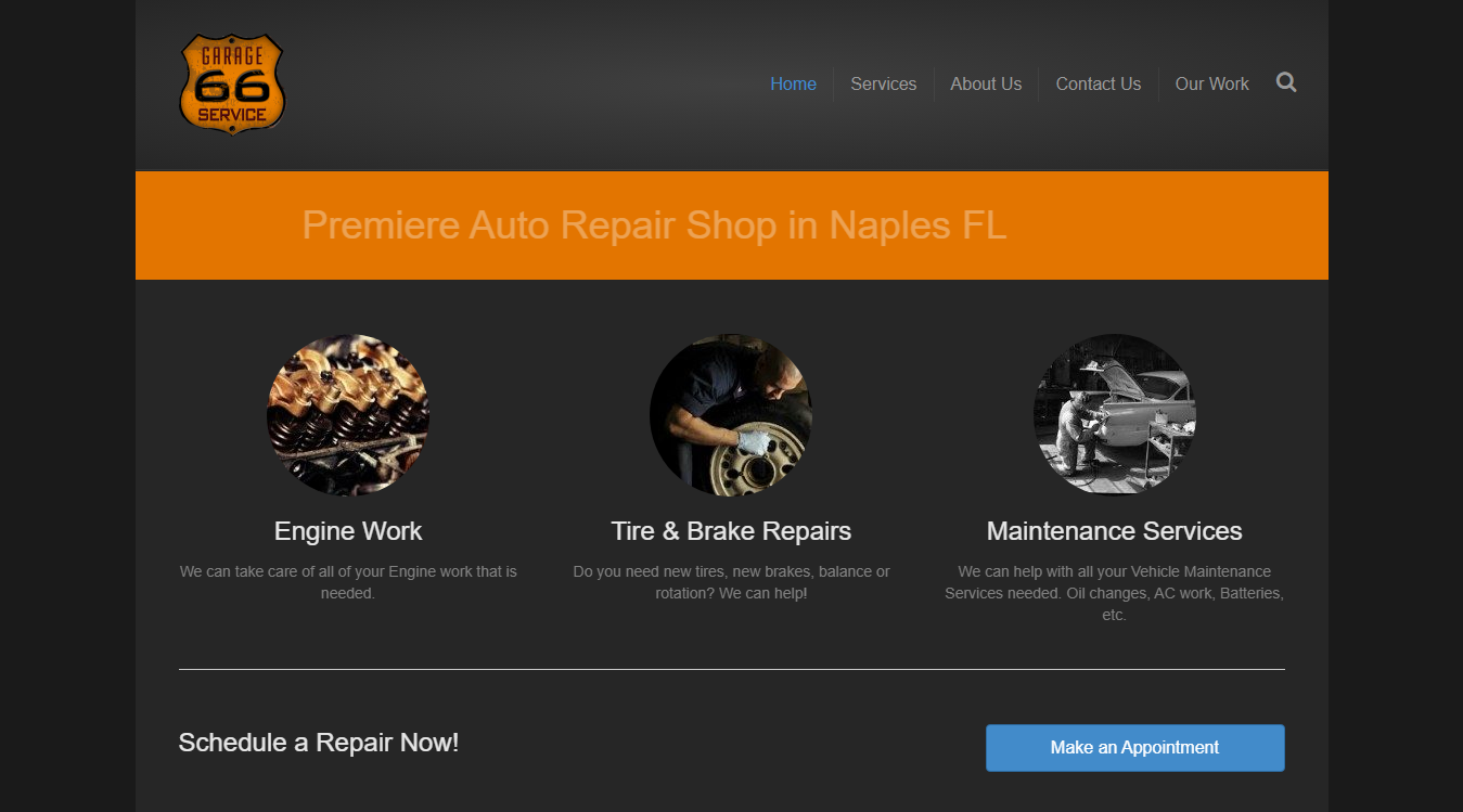 Website screenshot for Garage 66 Auto Service