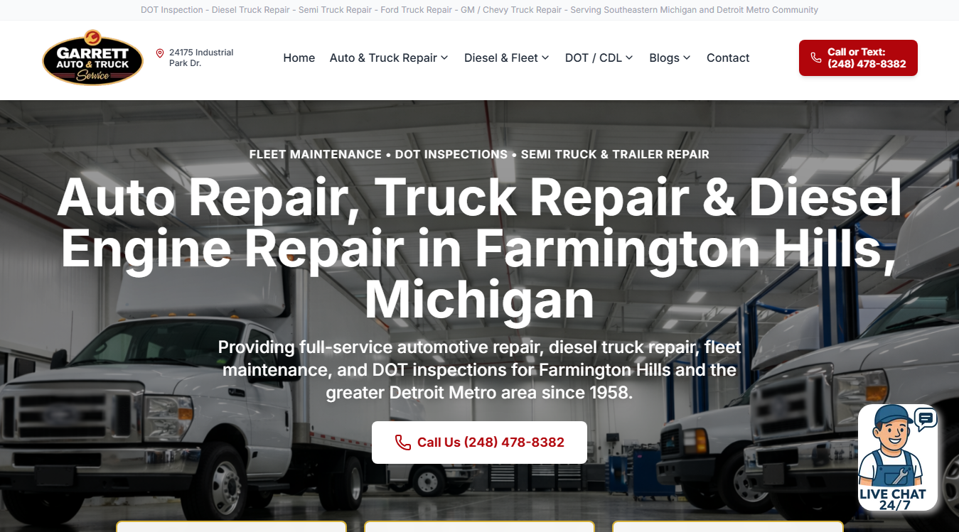 Website screenshot for Garrett Auto & Truck Service