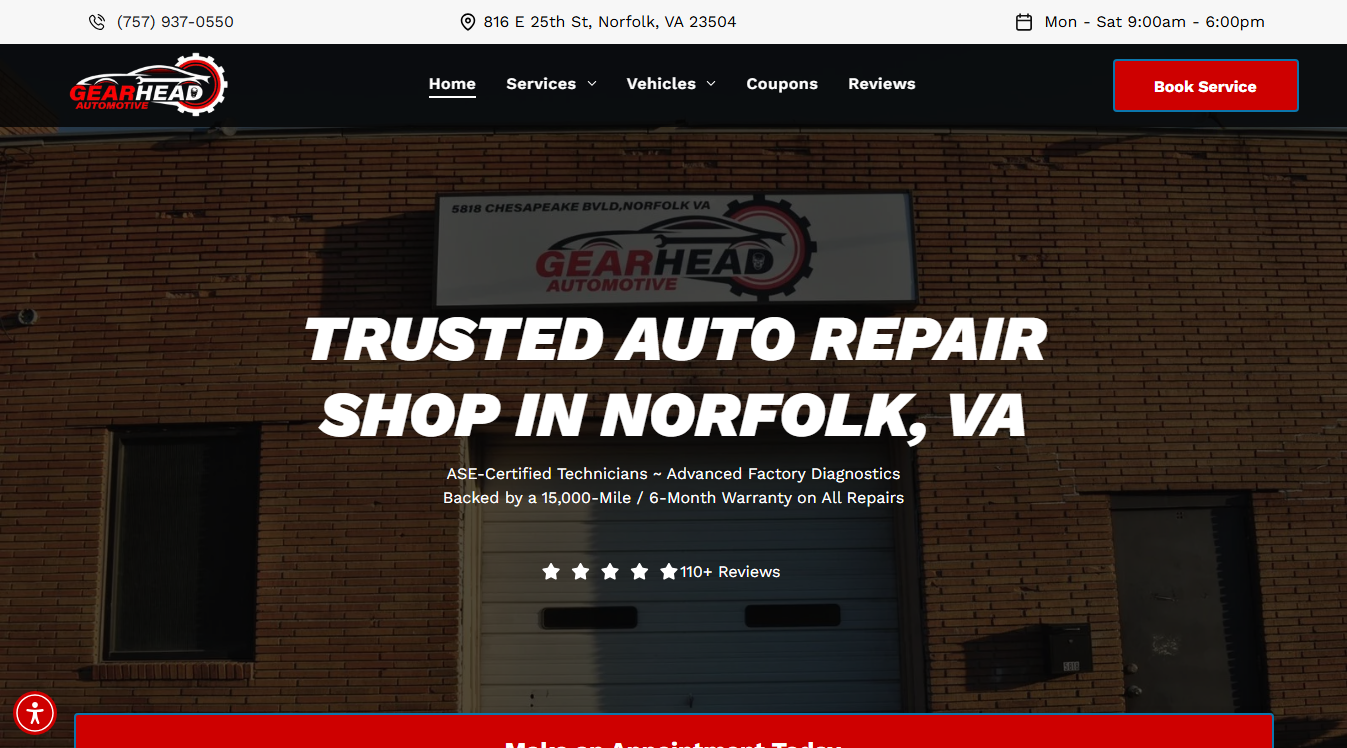 Website screenshot for Gearhead Automotive