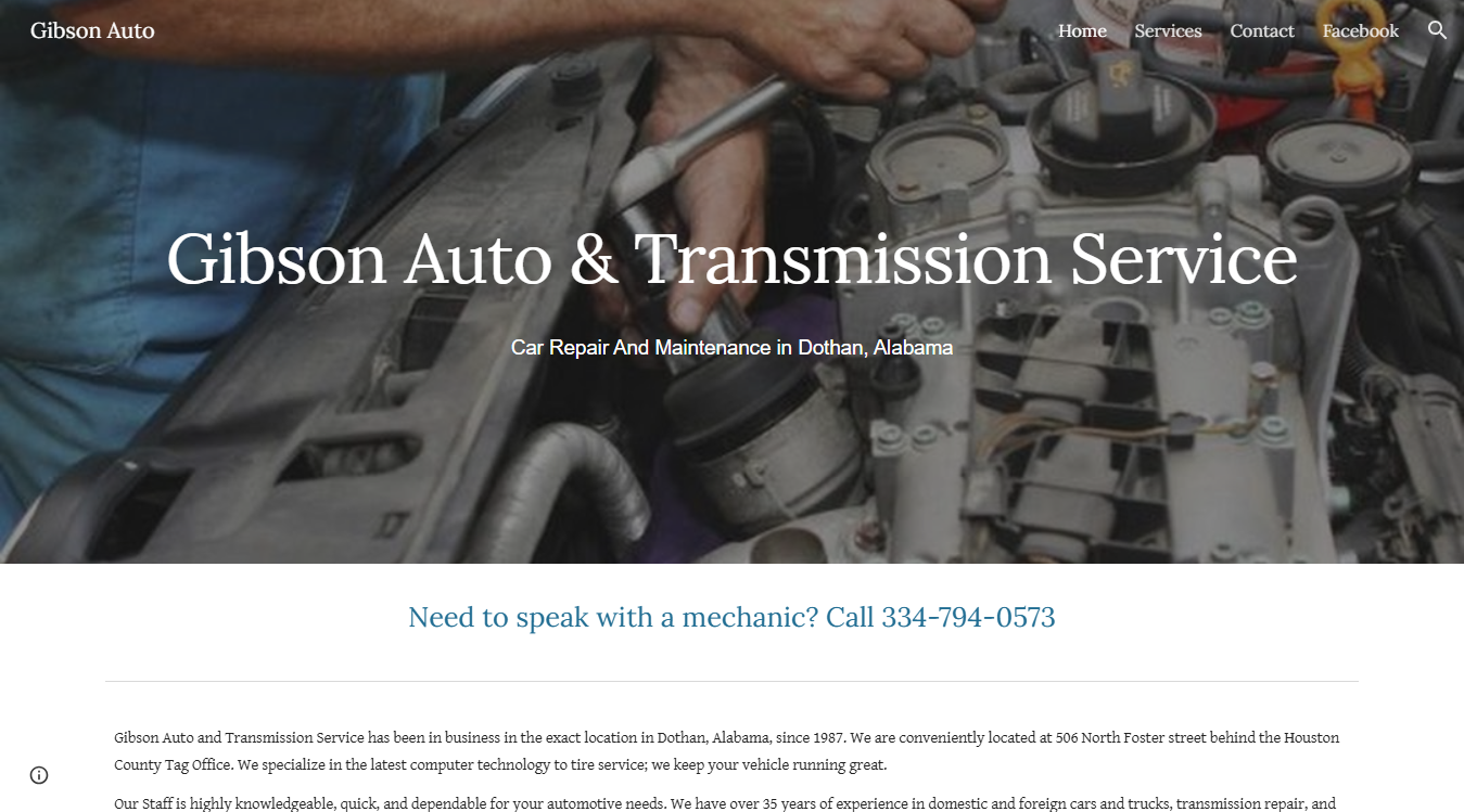 Website screenshot for Gibson Auto & Transmission Service, Inc.