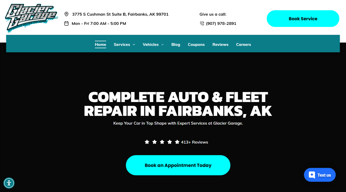 Website screenshot for Glacier Garage