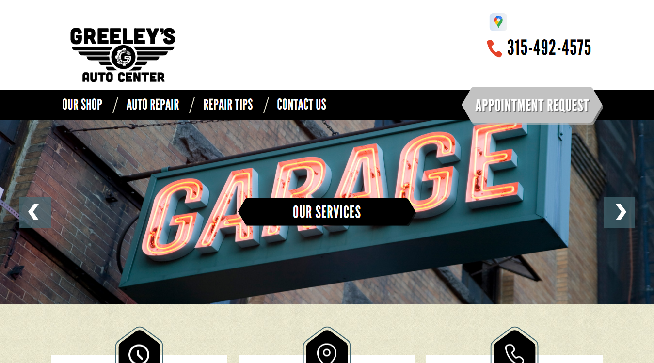 Website screenshot for Greeley's Auto & Tire Inc