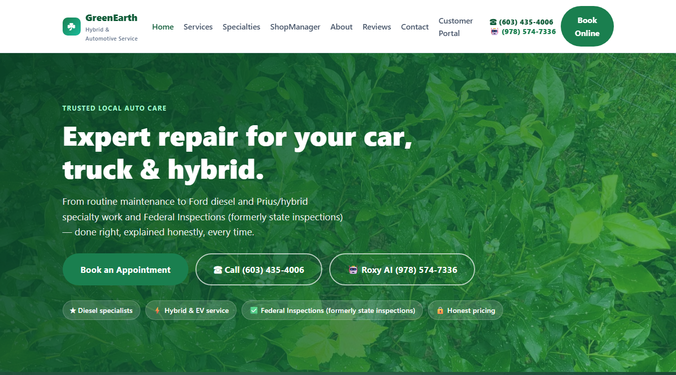 Website screenshot for Green Earth Hybrid & Auto Services