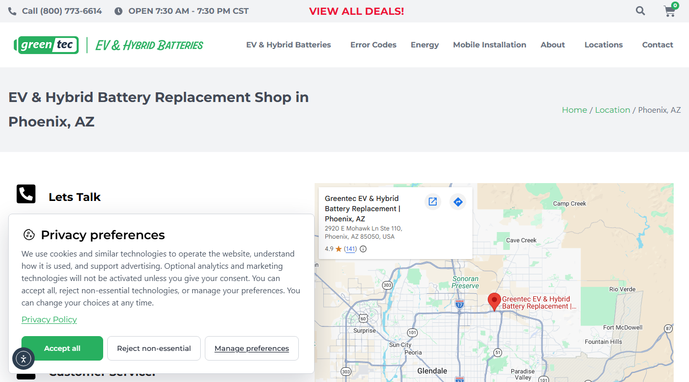 Website screenshot for Greentec EV & Hybrid Battery Replacement | New Jersey, NJ