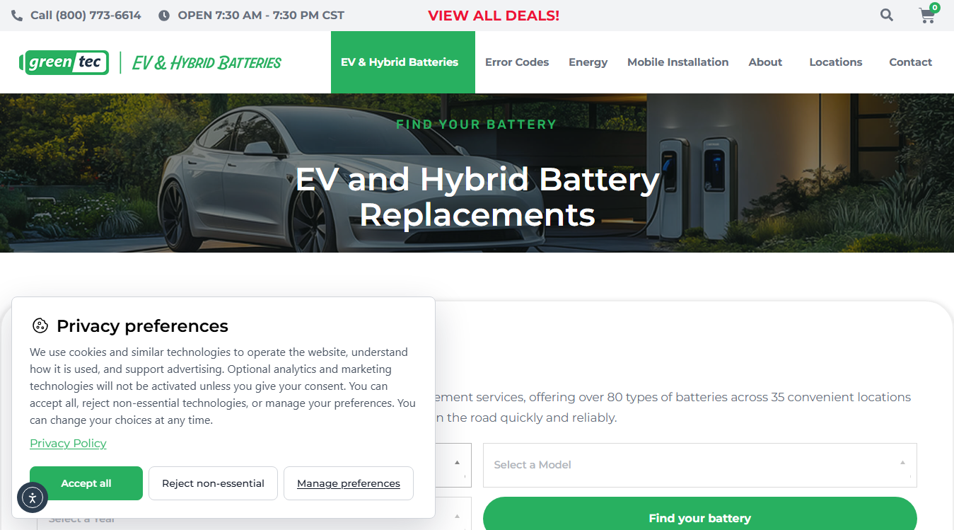 Screenshot of Greentec EV & Hybrid Battery Replacement | San Diego, CA
