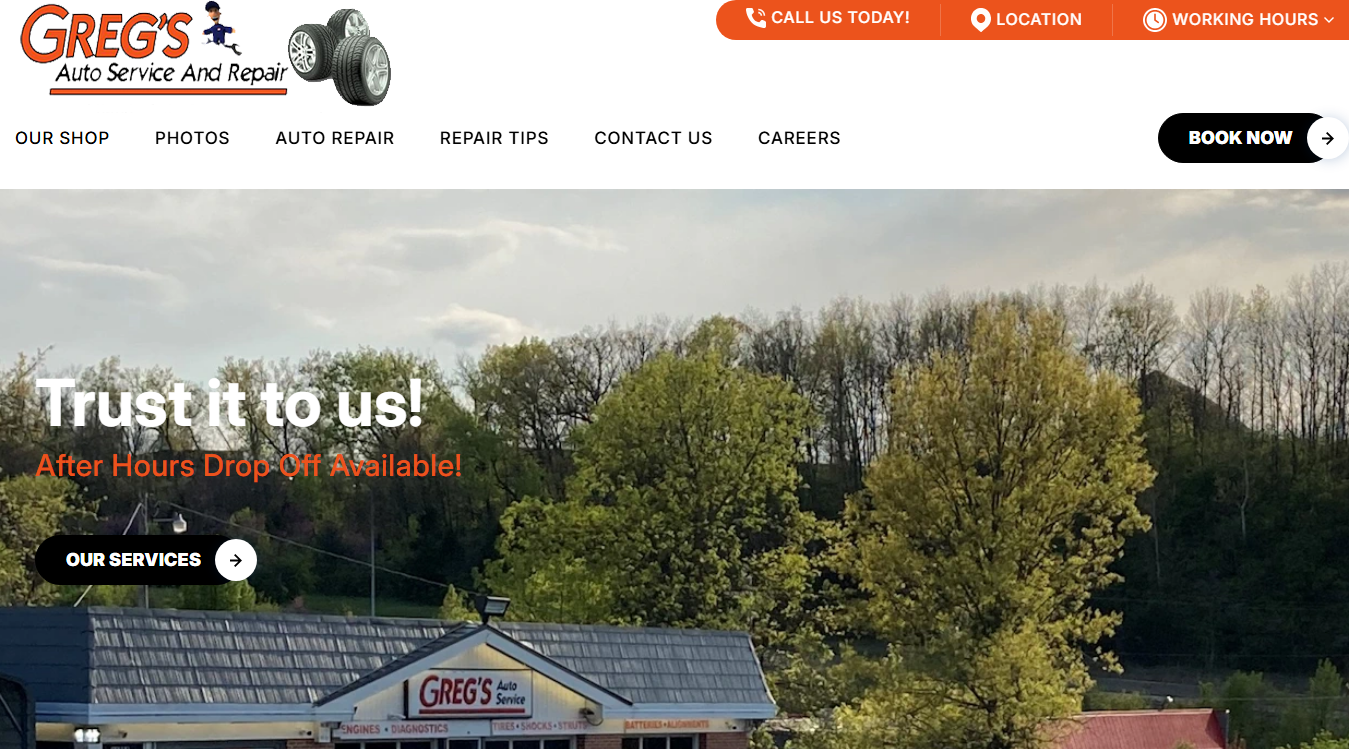 Website screenshot for Greg's Auto Service and Repair