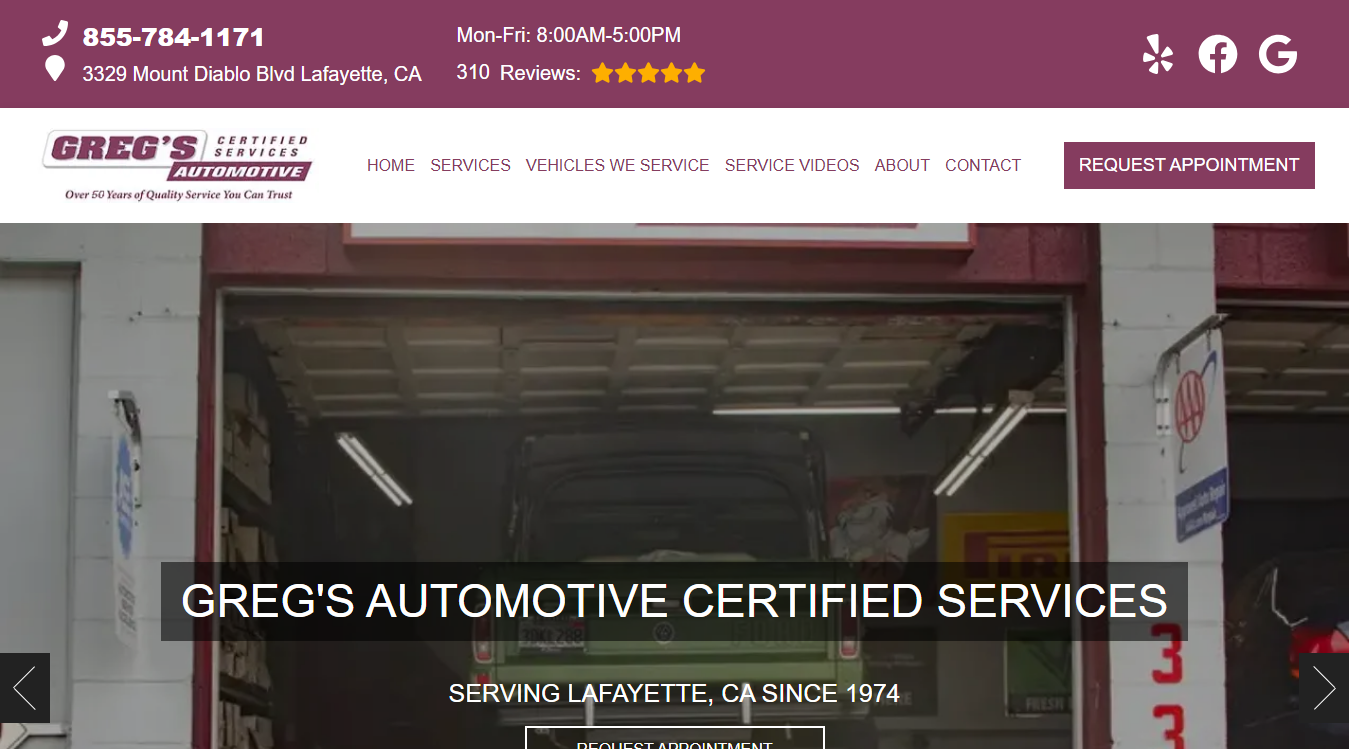 Website screenshot for Greg's Automotive Certified Services
