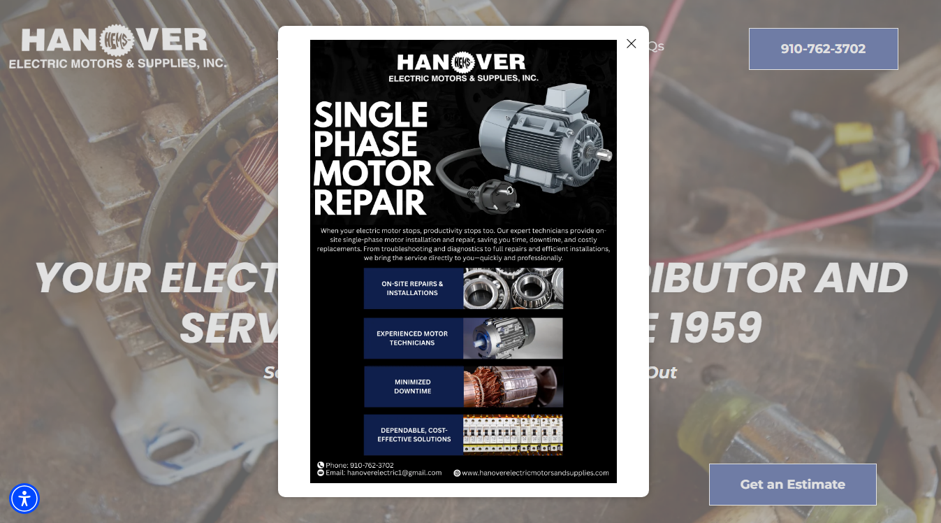 Website screenshot for Hanover Electric Motor Services