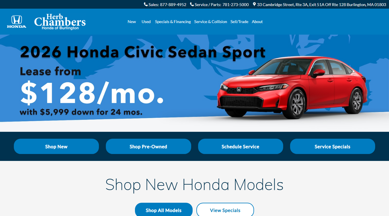 Website screenshot for Herb Chambers Honda of Burlington Service Center