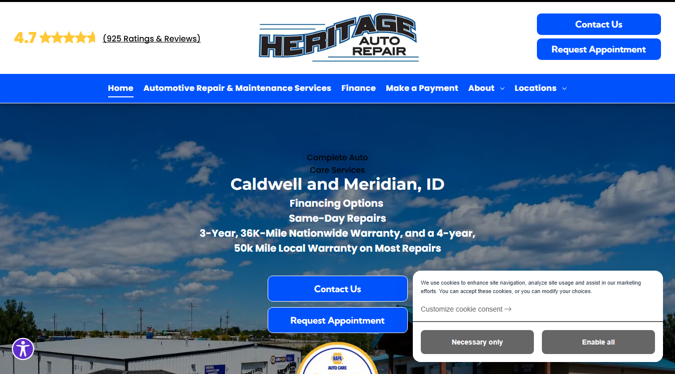 Website screenshot for Heritage Auto Repair