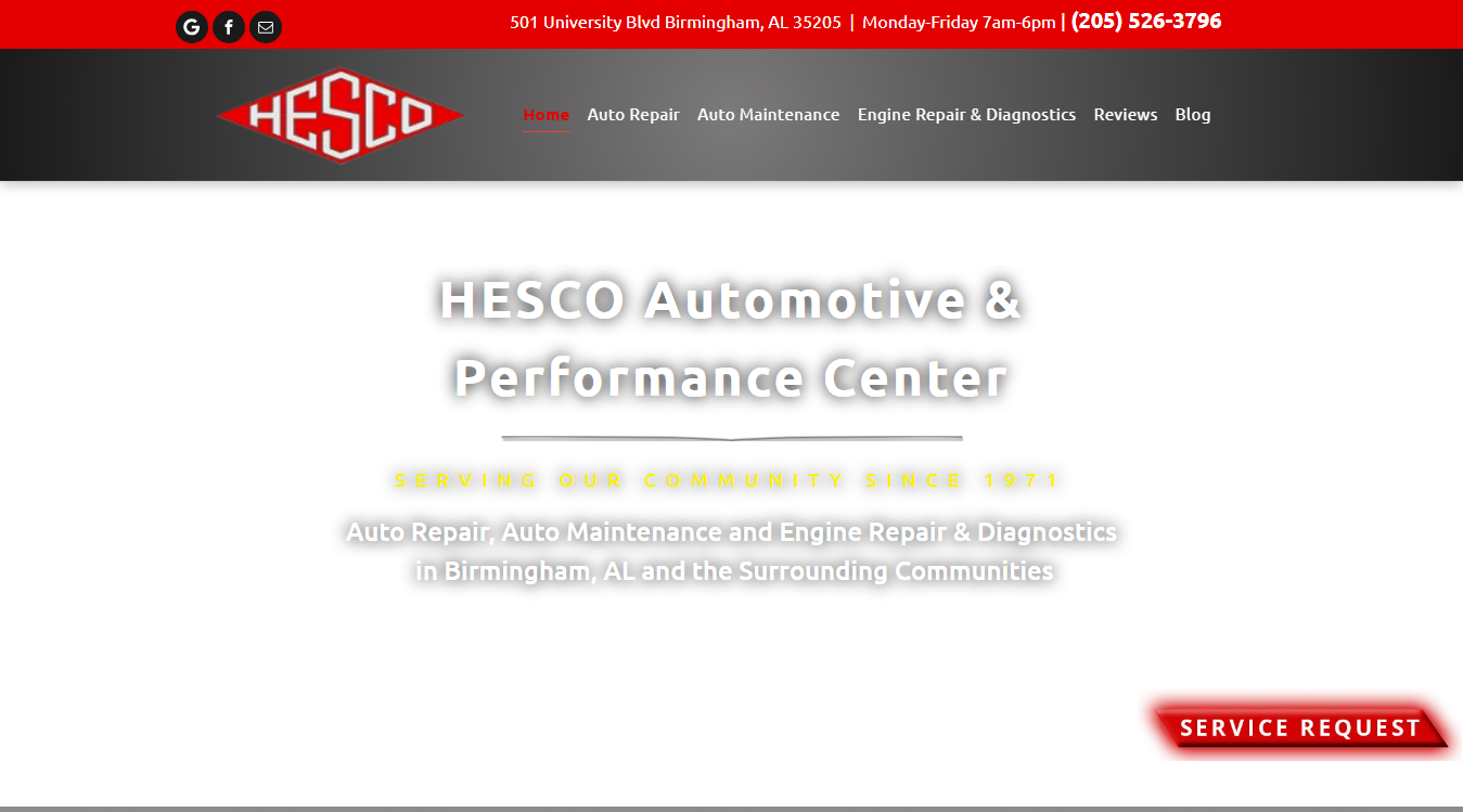 Website screenshot for Hesco Automotive & Performance Center