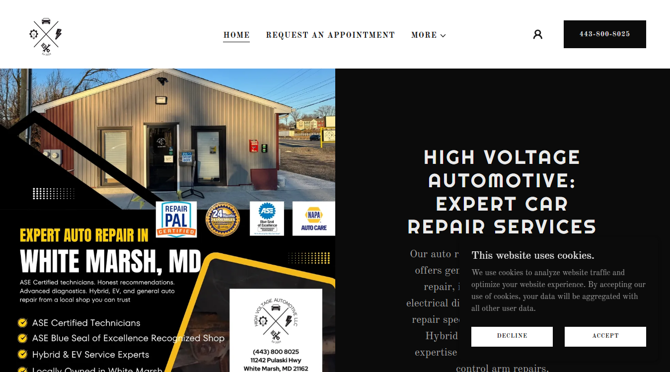 Website screenshot for High Voltage Automotive, LLC