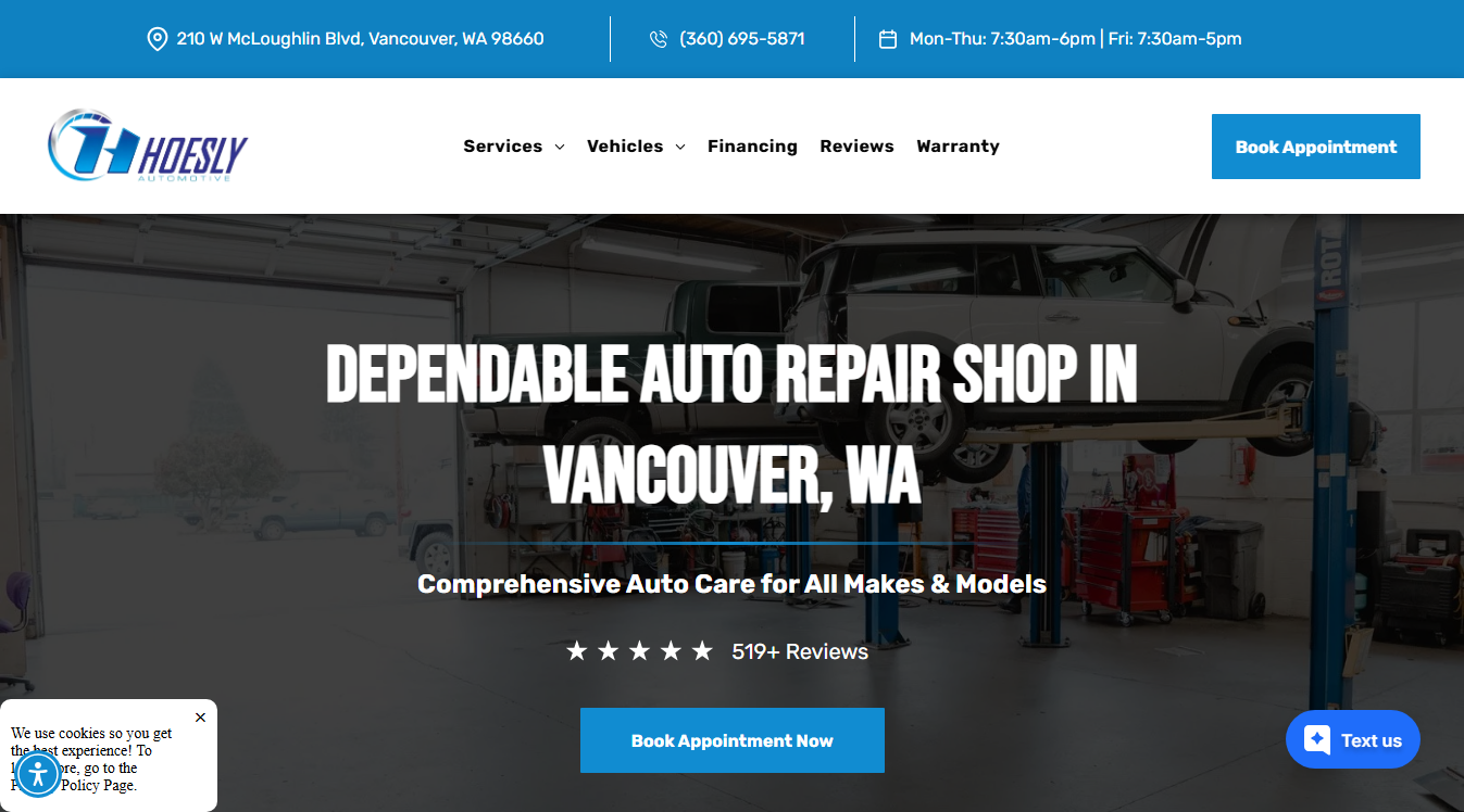 Website screenshot for Hoesly Automotive