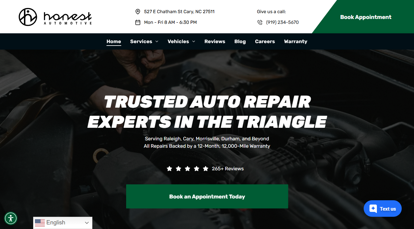 Website screenshot for Honest Automotive
