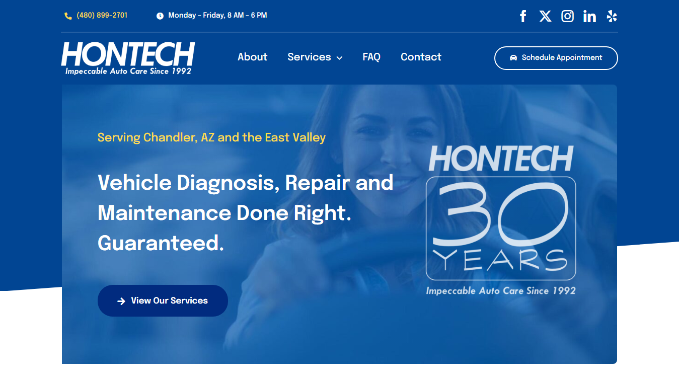 Website screenshot for Hontech - Automotive Service & Repair