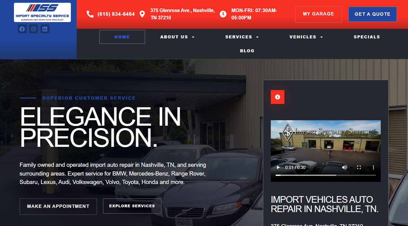 Website screenshot for Import Specialty Service