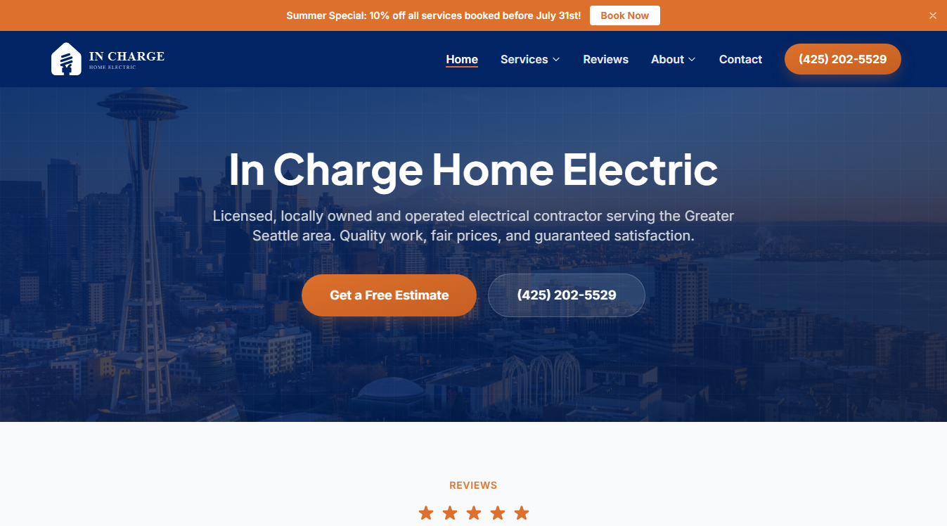 Website screenshot for In Charge Home Electric