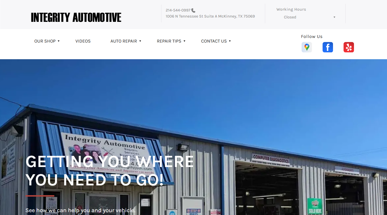 Website screenshot for Integrity Automotive