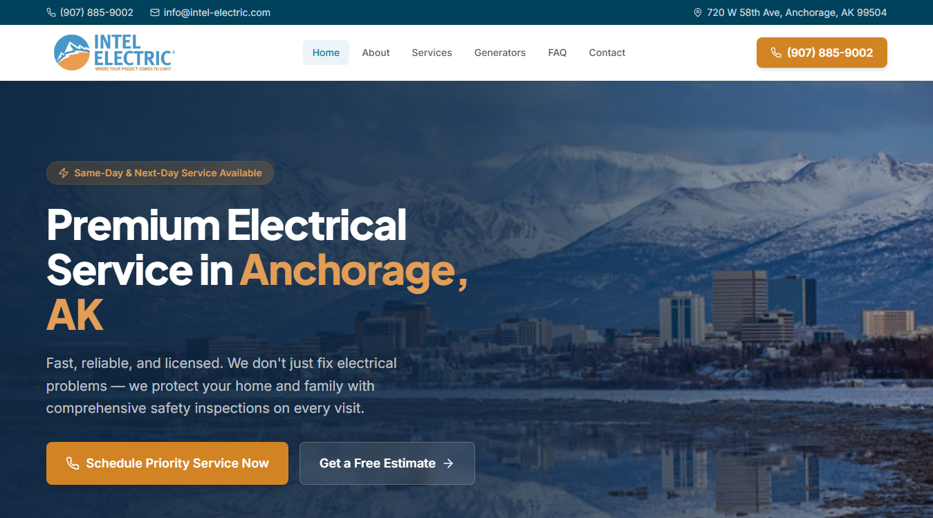 Website screenshot for Intel Electric LLC