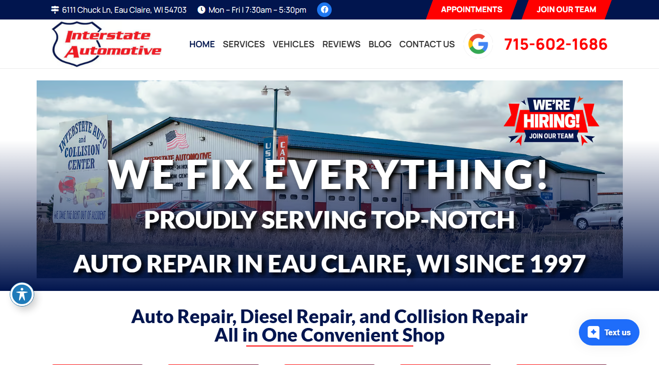 Website screenshot for Interstate Automotive & Collision Center