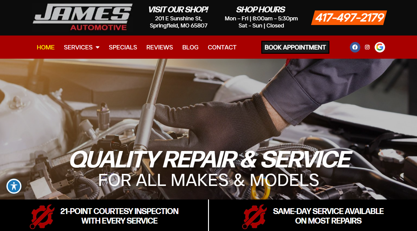 Website screenshot for James Automotive