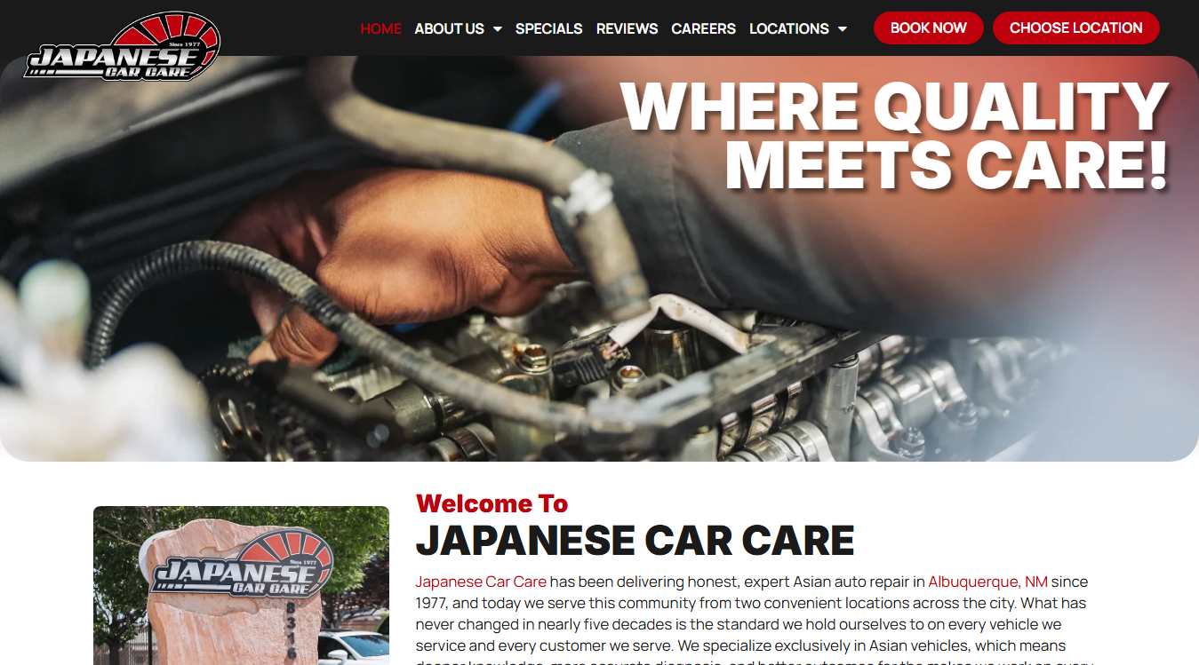 Website screenshot for Japanese Car Care - East