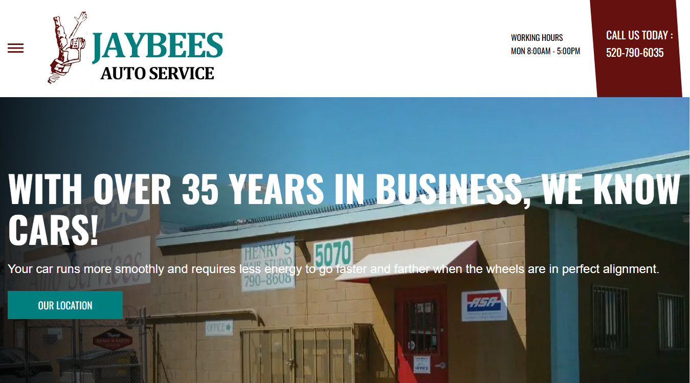 Website screenshot for JayBees Auto Service