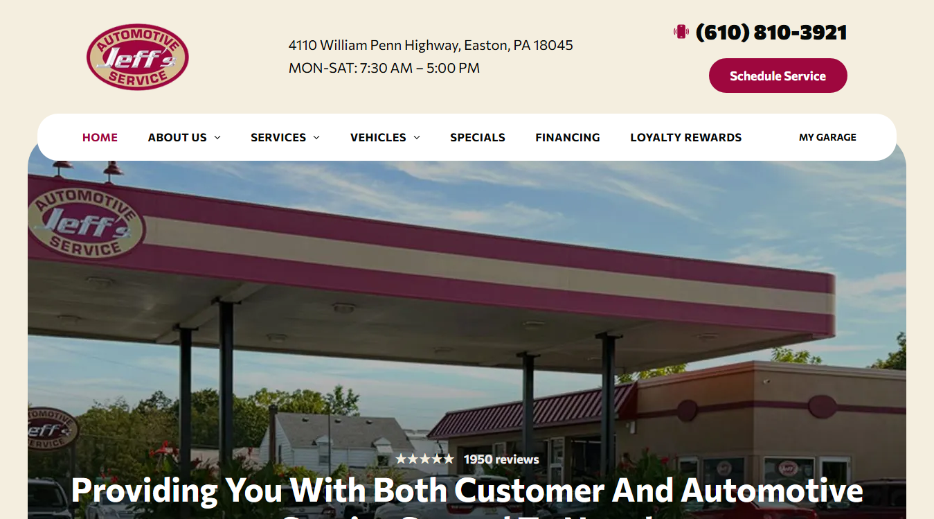 Website screenshot for Jeff's Automotive