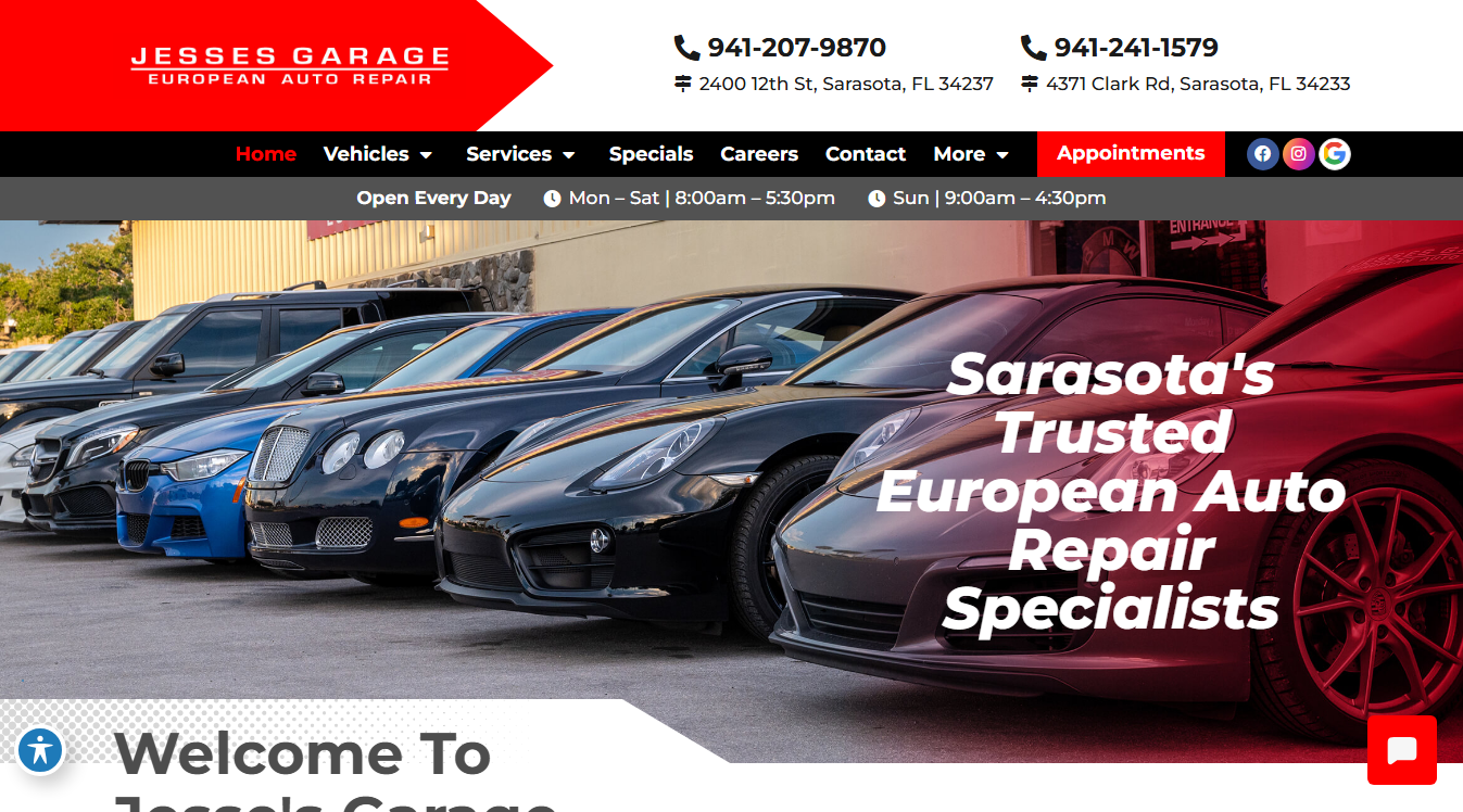 Website screenshot for Jesse's Garage European Auto Repair - Clark Rd