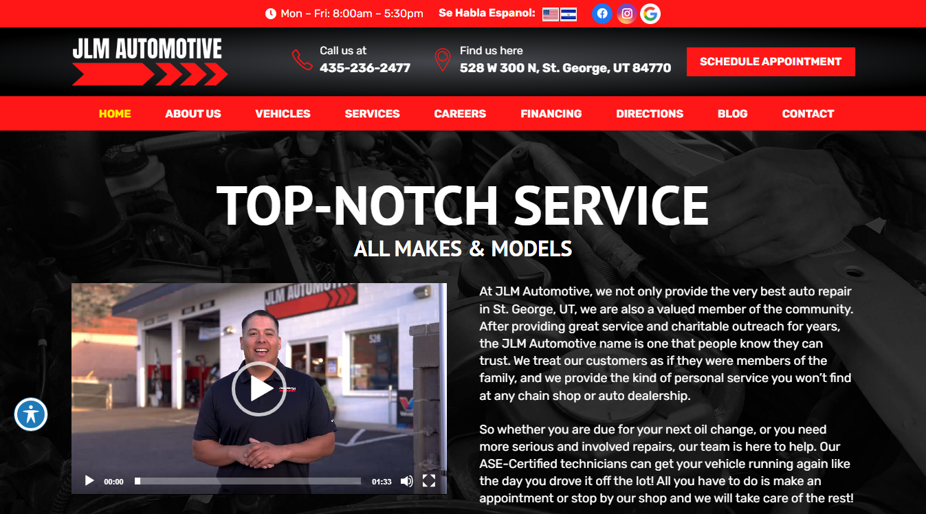 Website screenshot for JLM Automotive
