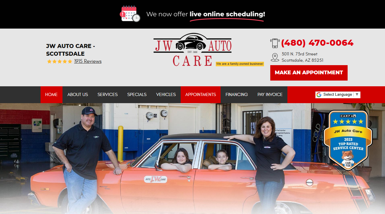Website screenshot for JW Auto Care