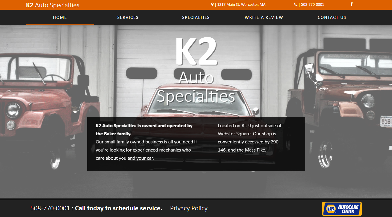 Website screenshot for K2 Auto Specialties