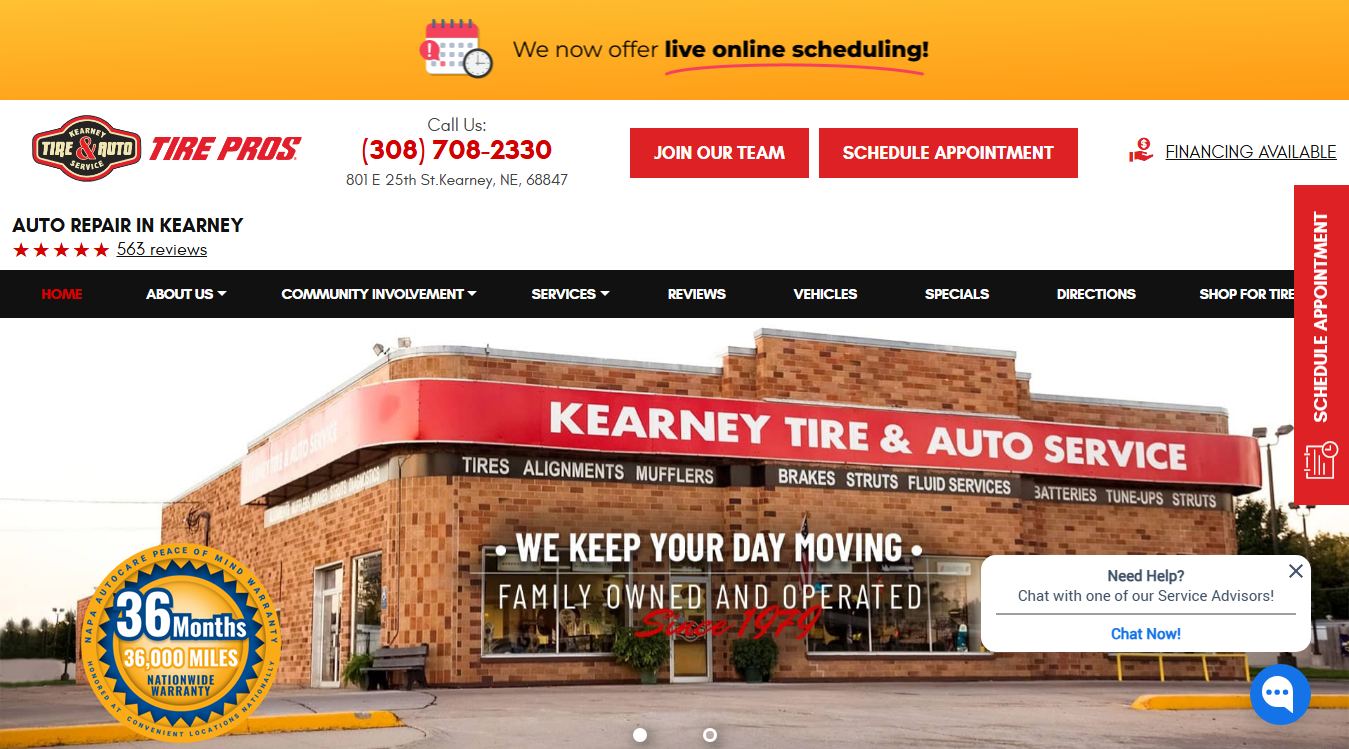 Website screenshot for Kearney Tire & Auto Service