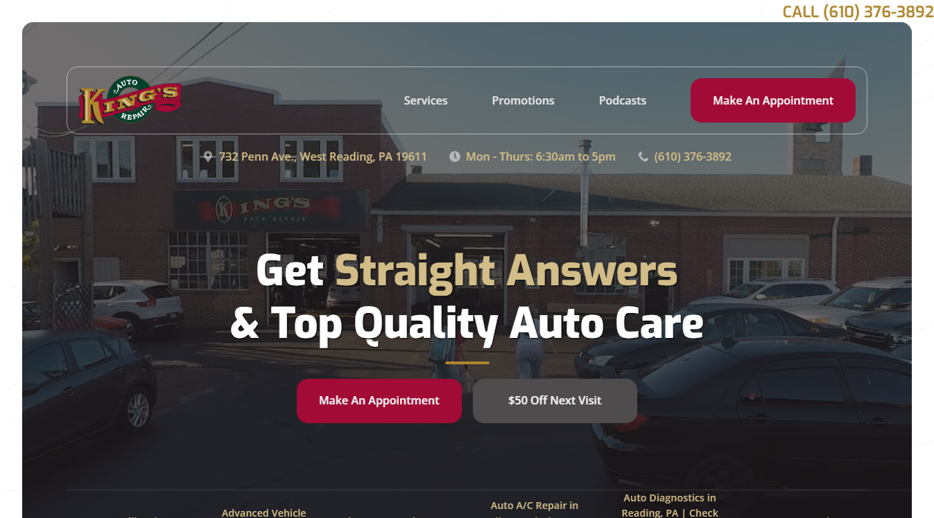 Website screenshot for King's Auto Repair Inc.