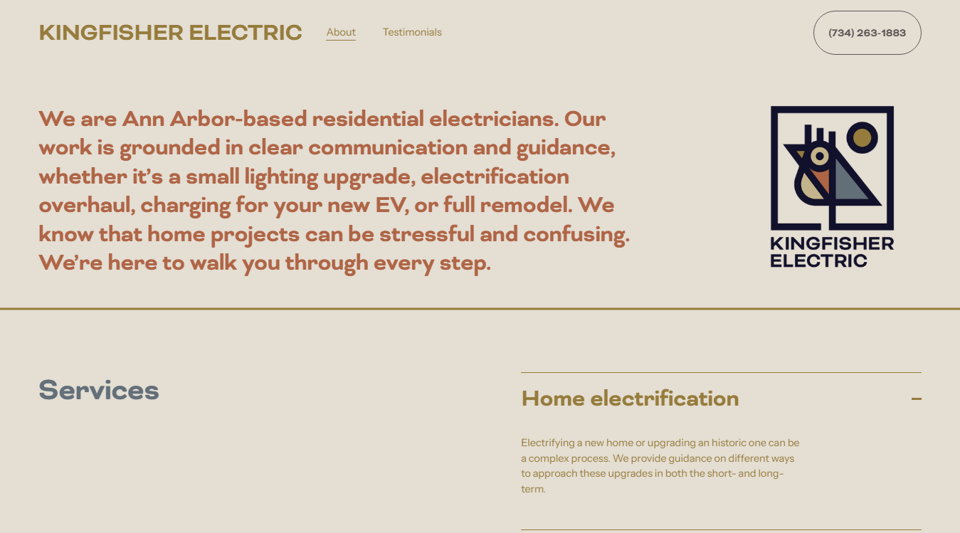Website screenshot for Kingfisher Electric