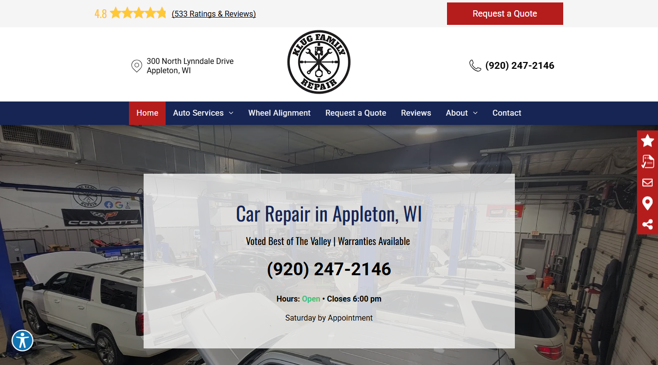 Website screenshot for Klug Family Repair LLC
