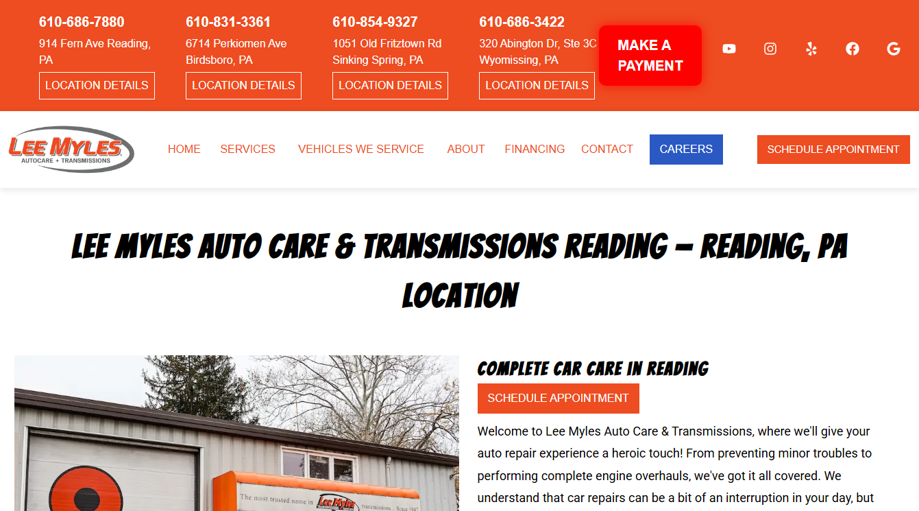 Website screenshot for Lee Myles Auto Care & Transmissions