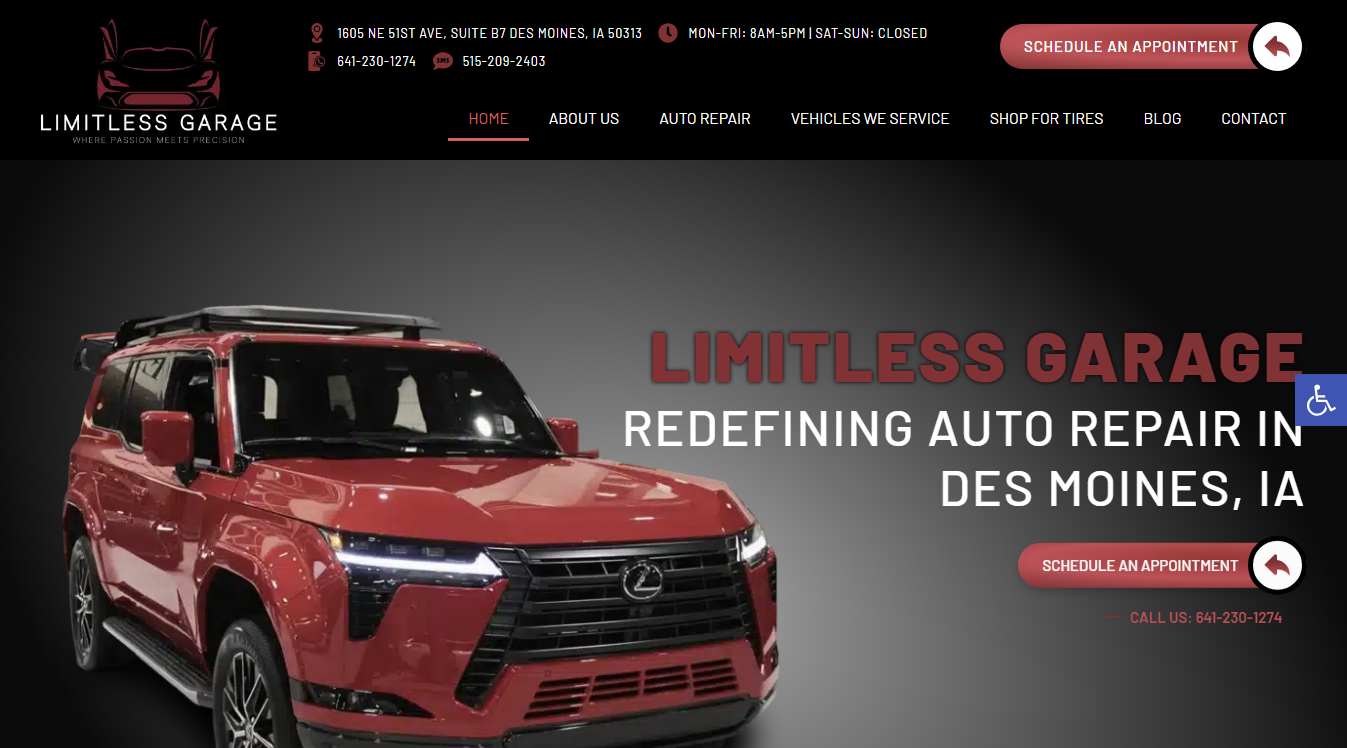 Website screenshot for Limitless Garage
