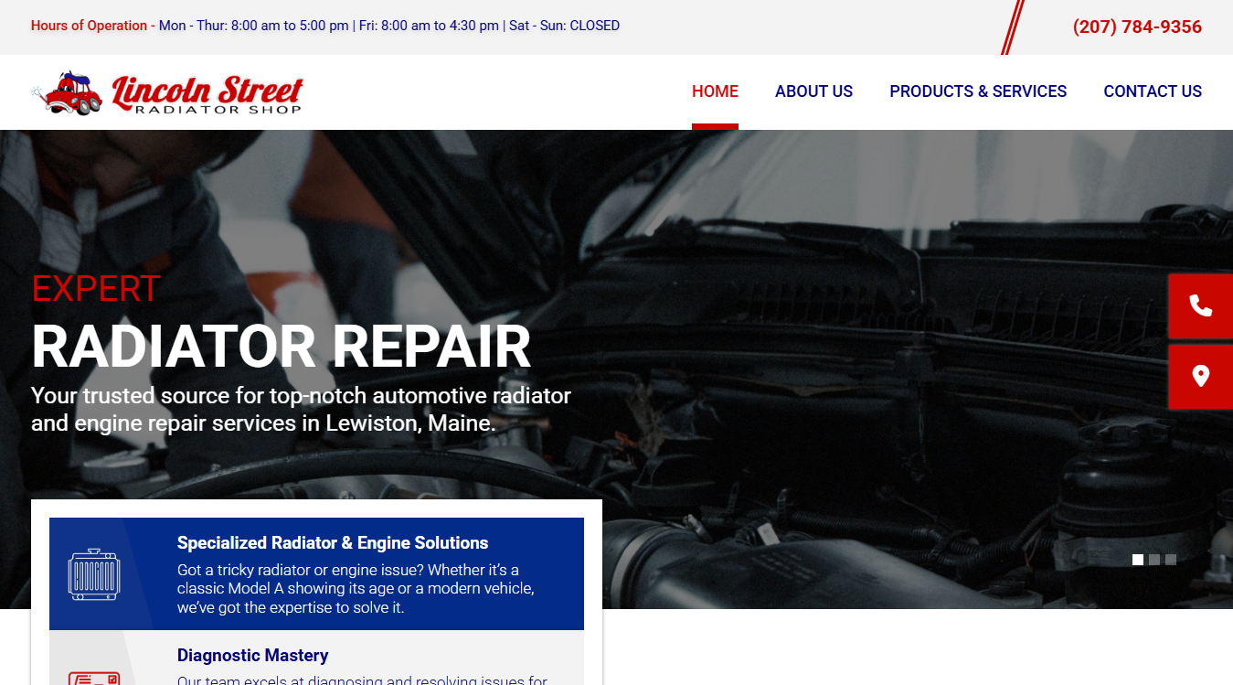Website screenshot for Lincoln Street Radiator Inc