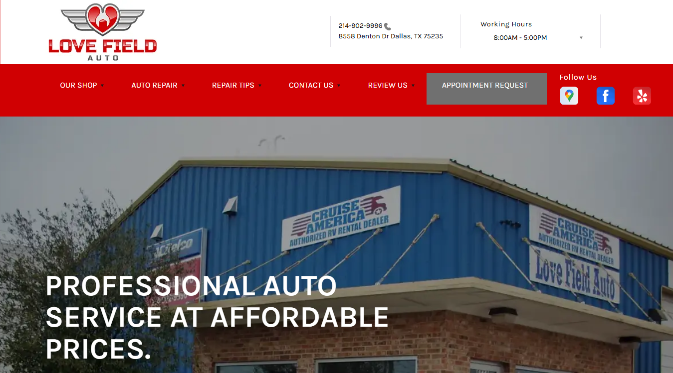 Website screenshot for Love Field Auto