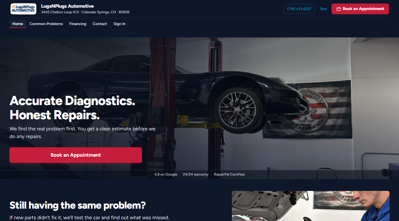 Website screenshot for LugsNPlugs Automotive