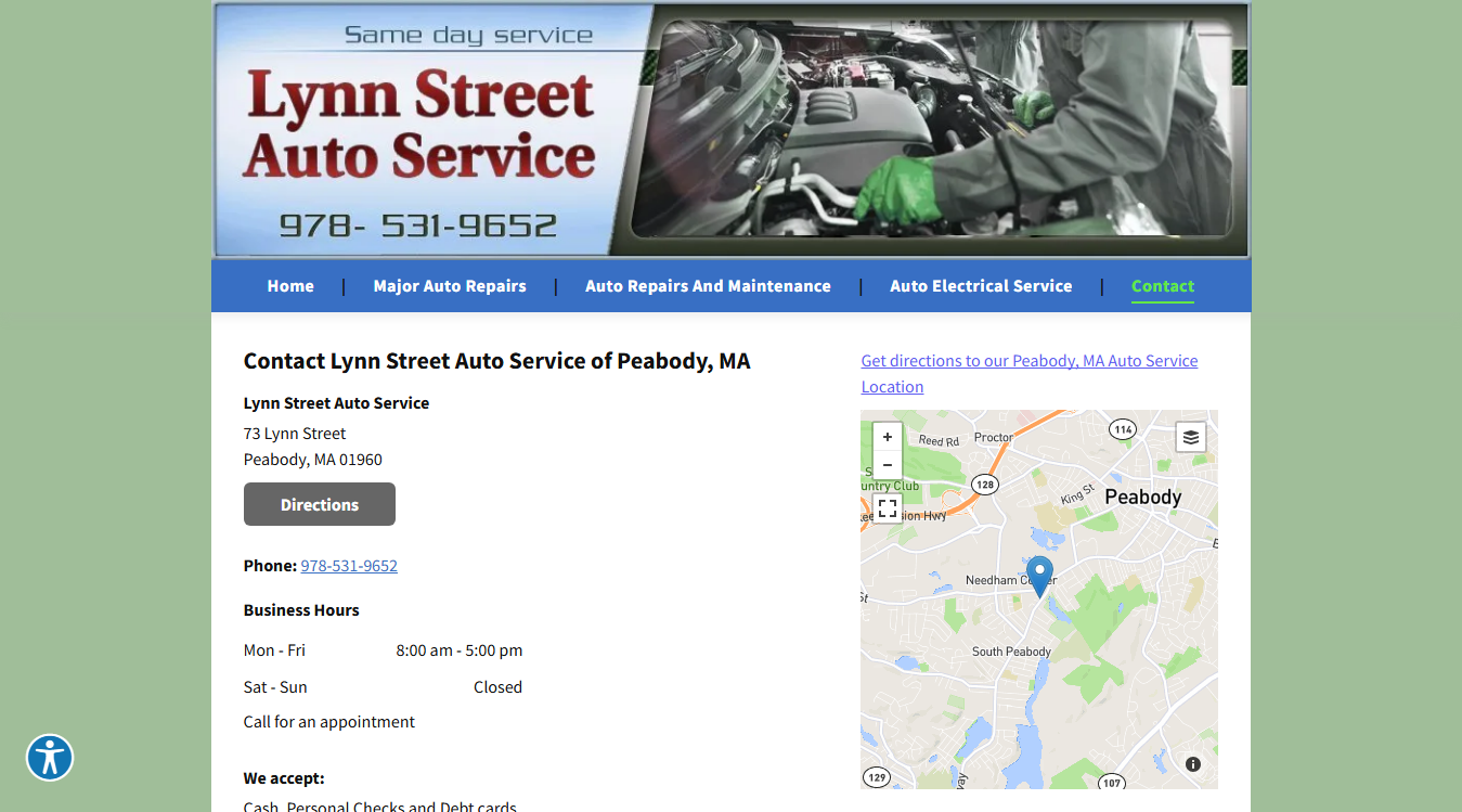 Website screenshot for Lynn Street Auto Service