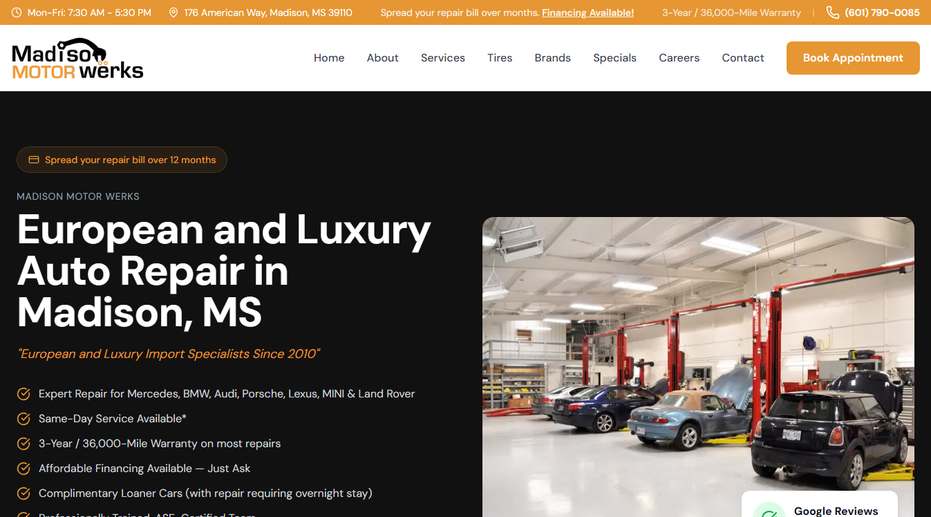 Website screenshot for Madison Motor Werks