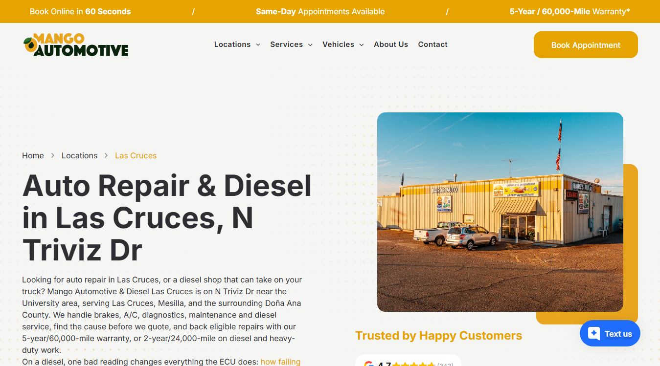 Website screenshot for Mango Automotive & Diesel
