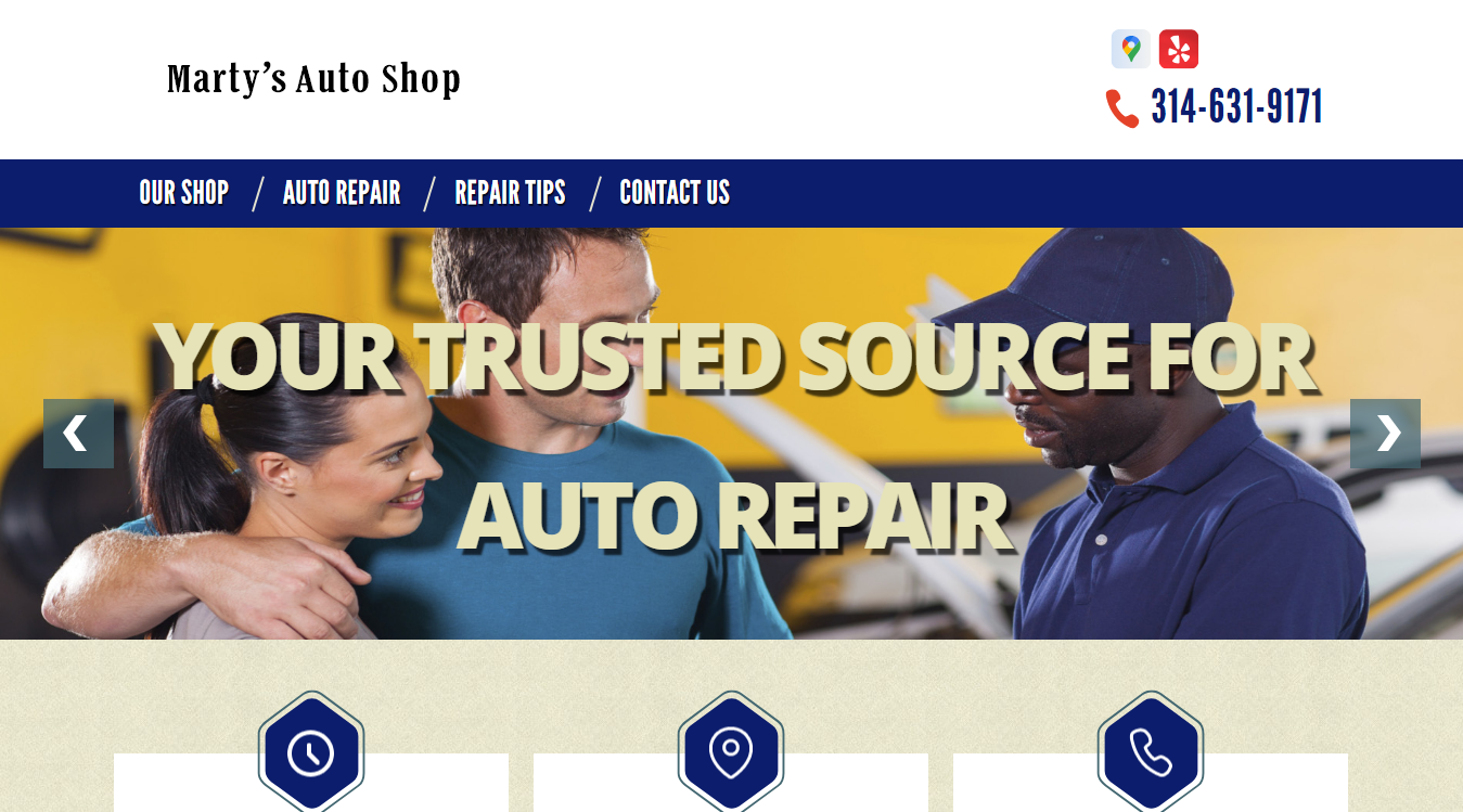 Website screenshot for Marty's Auto Shop