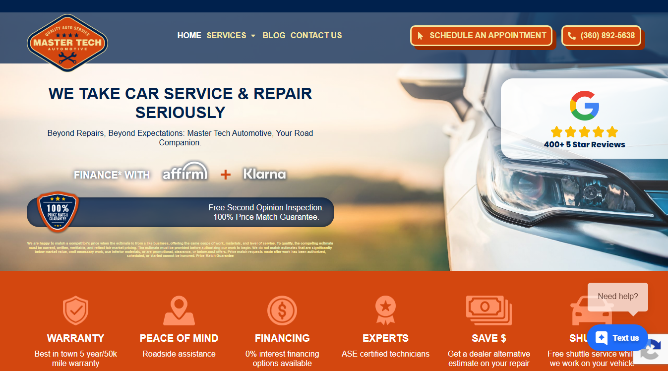 Website screenshot for Master Tech Automotive -Vancouver